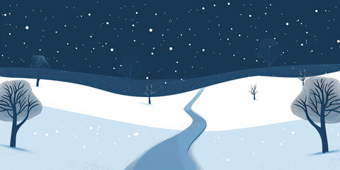 Naklejka premium Winter cartoon landscape, snowing scene illustration winding path leading line pathway, empty space frost ice, generated ai 