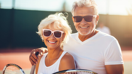 Happy cute senior couple playing tennis outdoors