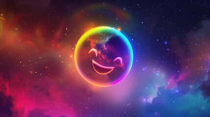 big neon colored emoji planet
