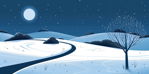 Naklejka premium Winter cartoon landscape, snowing scene illustration winding path leading line pathway, empty space frost ice, generated ai 