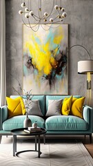 A bright living room with an aquamarine sofa, yellow pillows and abstract painting on the wall, coffee table, lamps, side tables and decorative flowers in vase.