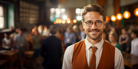 Fototapeta premium A young professor with a welcoming smile stands in a lively pub setting with people socializing in the background. Generative AI