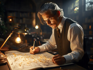 A focused scholarly man reviews an extensive map with a lamp illuminating his work area. Generative...