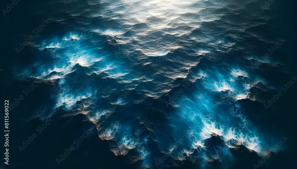 Poster a textured representation of ocean waves under light, on a dark background, evoking a mysterious sea