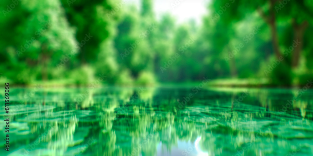 Aufkleber Blurred image of a forest and its reflection on water, with a soft-focus technique, creative concept background. Generative AI