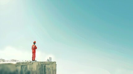 a worker standing on the edge of building derrick oilfield extraction under the blue sky background