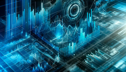 Abstract digital financial chart patterns with glowing elements on a dark blue background, concept of analytics. Generative AI