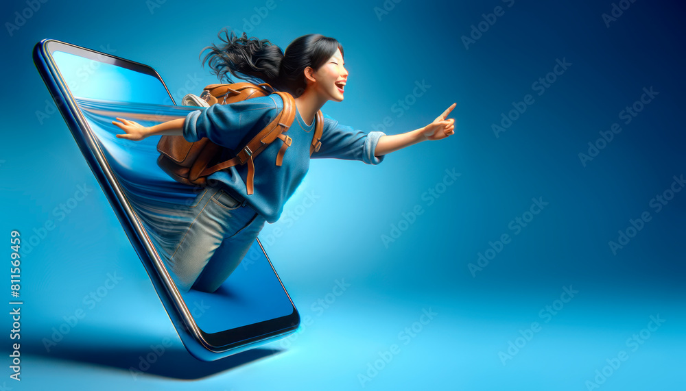 Poster a person seemingly jumping out of a smartphone on a blue background, reflecting a concept of dynamic