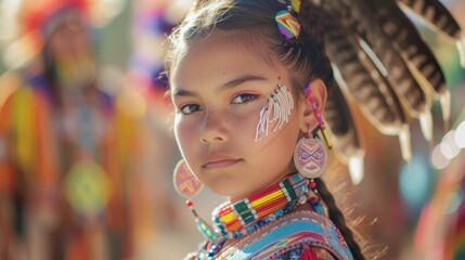 The close up picture of the native american teenage is wearing the costume of traditional dancer...
