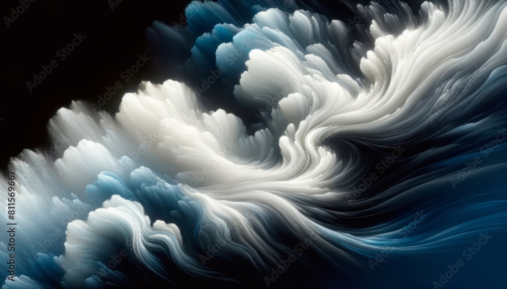 Poster Abstract fluid shapes resembling clouds in white and blue tones, with a digital art style on a dark background, evoking movement and flow. Generative AI