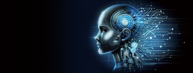 A digital profile view of a human head with cybernetic elements, on a dark blue background, concept of technology. Generative AI