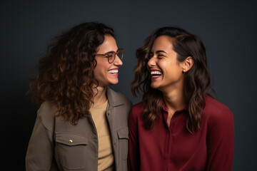 Fototapeta premium studio portrait of two laughing woman friends on colour background