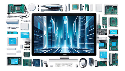 Naklejka premium digital illustration architecture view computer connection futuristic screen sustainable technology innovation visualisation datum design future construction connectivity information urban