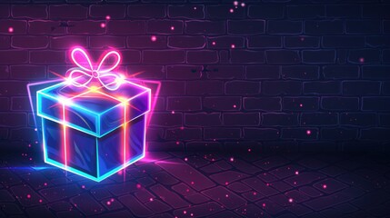 Neon gift box icon against a dark background. Adds flair to gifting branding.