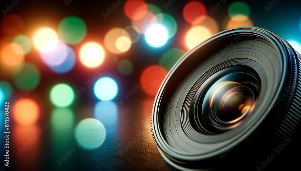 Aufkleber Close-up of a camera lens with colorful bokeh lights in the background, symbolizing creativity in photography. Generative AI