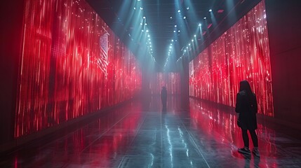 A high-tech display of the US flag with floating 3D elements that visitors can interact with in a digital exhibition space, enhancing engagement and understanding.
