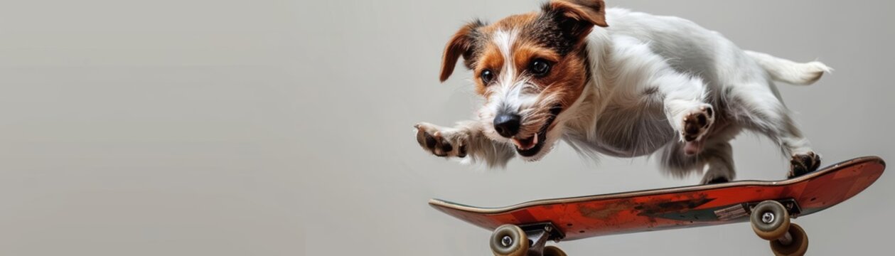 A whimsical scene of a dog performing tricks on a skateboard