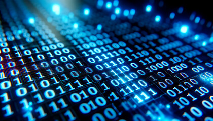 Digital binary code with glowing blue lights on a dark background, representing the concept of data. Generative AI