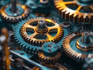 Macro photograph showcasing the intricate details of interlocking brass and steel gears, highlighting mechanical precision and engineering complexity.

