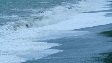 An Amazing Shot Of Rough Sea Waves Crashing On The Sea Coastline. Adjara, Georgia. Static.