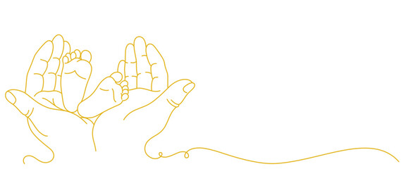 baby's feet held by parents gold line art style. children's day and father's day elements
