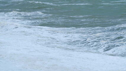 Storm On The Sea. Power Of Waves Breaking Splashing Sea-Spray Water Foam. Static.