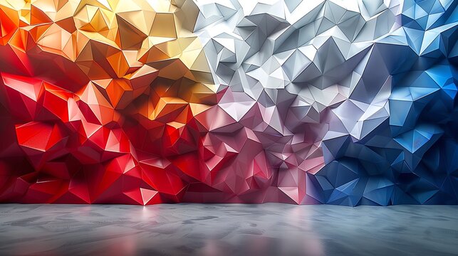 A kinetic art installation of the US flag, with geometric blocks that move and realign with viewer interaction, symbolizing democracy and change.