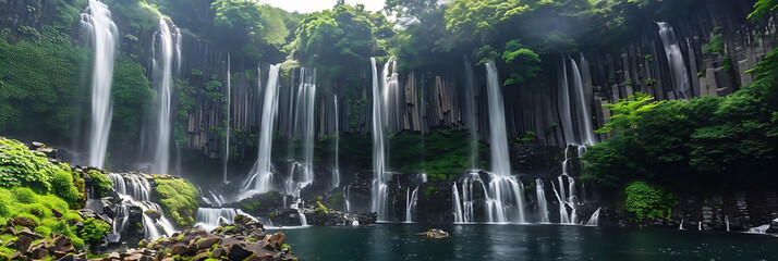 volcanic waterfalls cascading over lush green moss in a serene natural setting