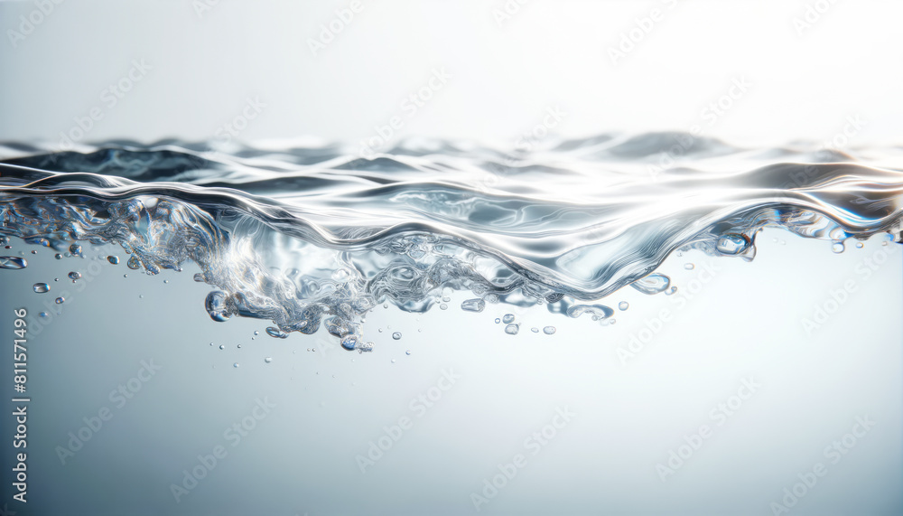 Aufkleber A dynamic image of water surface with swirling patterns and bubbles on a light blue background, demonstrating the concept of fluidity. Generative AI