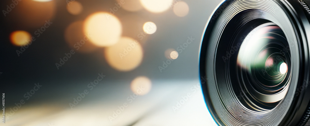Poster close-up view of a camera lens with bokeh lights in the background, photographic equipment concept. 