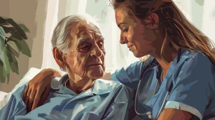 International Day for the Elderly. Caring nurse helping elderly old man care facility gets help from hospital, young woman helping hands offering her senior man at home, old aged hyper realistic 