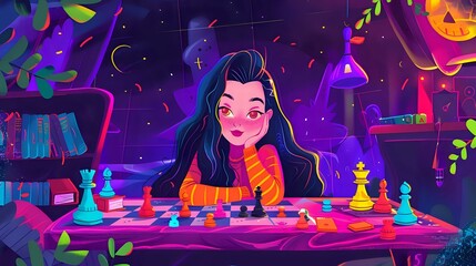 Intense Gaze of a Woman Chess Player