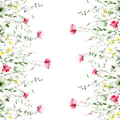 Watercolor floral border frame on white background. Pink, orange growing wild flowers, herbs, leaves and twigs.