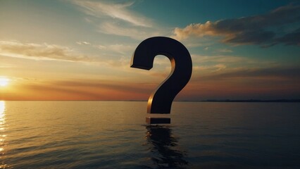 Large question mark floating in a vast ocean at sunrise.