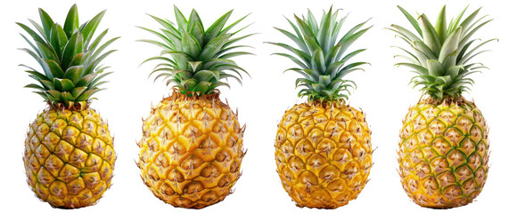 set of four pineapple fruit on transparent background