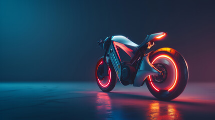 A futuristic motorcycle with a glowing wheel and a red light background
