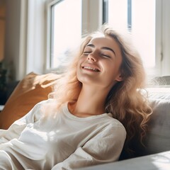 Fototapeta premium Happy woman relaxing on the sofa at home. Generative AI.