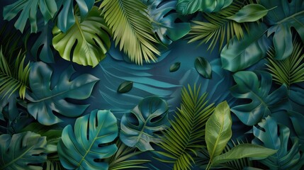 Large tropical leaves on a blue background. The concept of nature. Natural background.