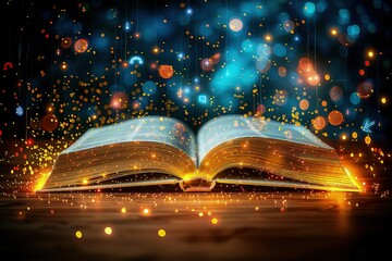 Open magic book with glowing pages. As the magic book's pages emit a gentle glow, one can almost hear the whispers of ancient mystics and the echoes of forgotten spells.
