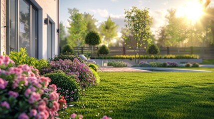 Perfect manicured lawn and flowerbed with shrubs in sunshine, on a backdrop of residential house backyard. hyper realistic 