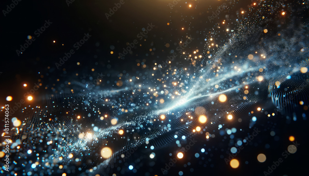 Poster Abstract glowing particles flowing over a dark background, representing a concept of connectivity. Generative AI