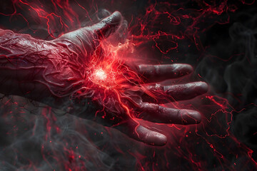 Primal Ritual of Sorcerous Blood Magic Channeling Crimson Energy Through an Organic Relic in a Dark Fantasy Cinematic Photographic Render