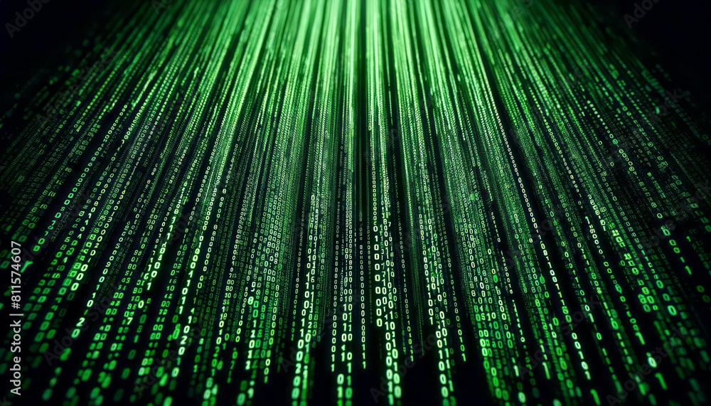 Aufkleber Digital green matrix code cascading on a dark background, concept of data streaming. Generative AI