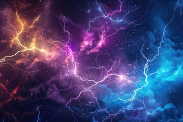 Blue and pink lightning in the night sky. 