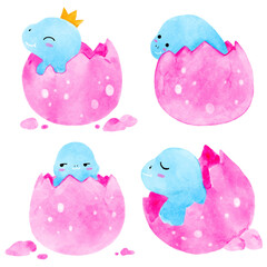 Baby dinosaurs hatch from eggs . Watercolor paint design . Set 3 of 3 . Illustration .