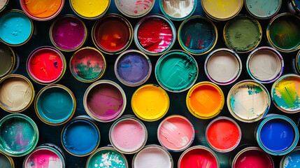 A group of cans filled with different colors of paint.