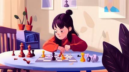 Serene Chess Game with a Focused Woman