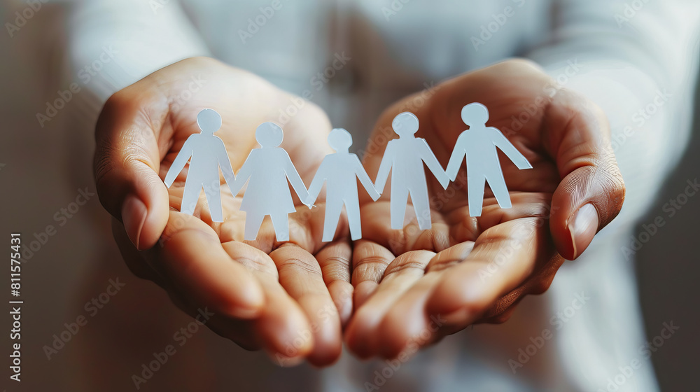 Poster paper chain family held in hands, symbolizing unity and support, on a defocused background. generati