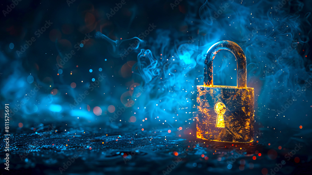 Poster a glowing padlock surrounded by blue smoke and sparkles on a dark, moody background, symbolizing dig