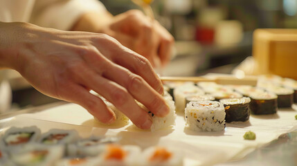A chef is preparing sushi rolls on a cutting board.